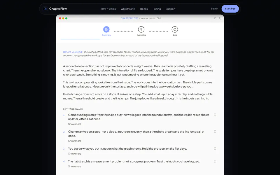 ChapterFlow’s reader on a book chapter: the Summary step, with Examples and Quiz next, and the chapter’s key takeaways below.