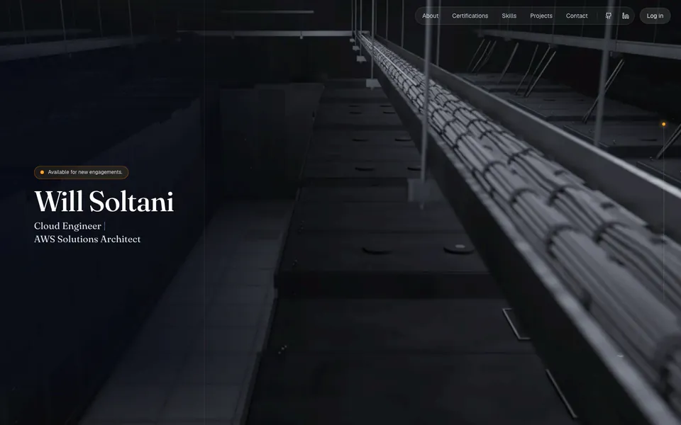 soltani.org’s home page at the top: a dark cable-tray scene behind the name Will Soltani and his hero text.